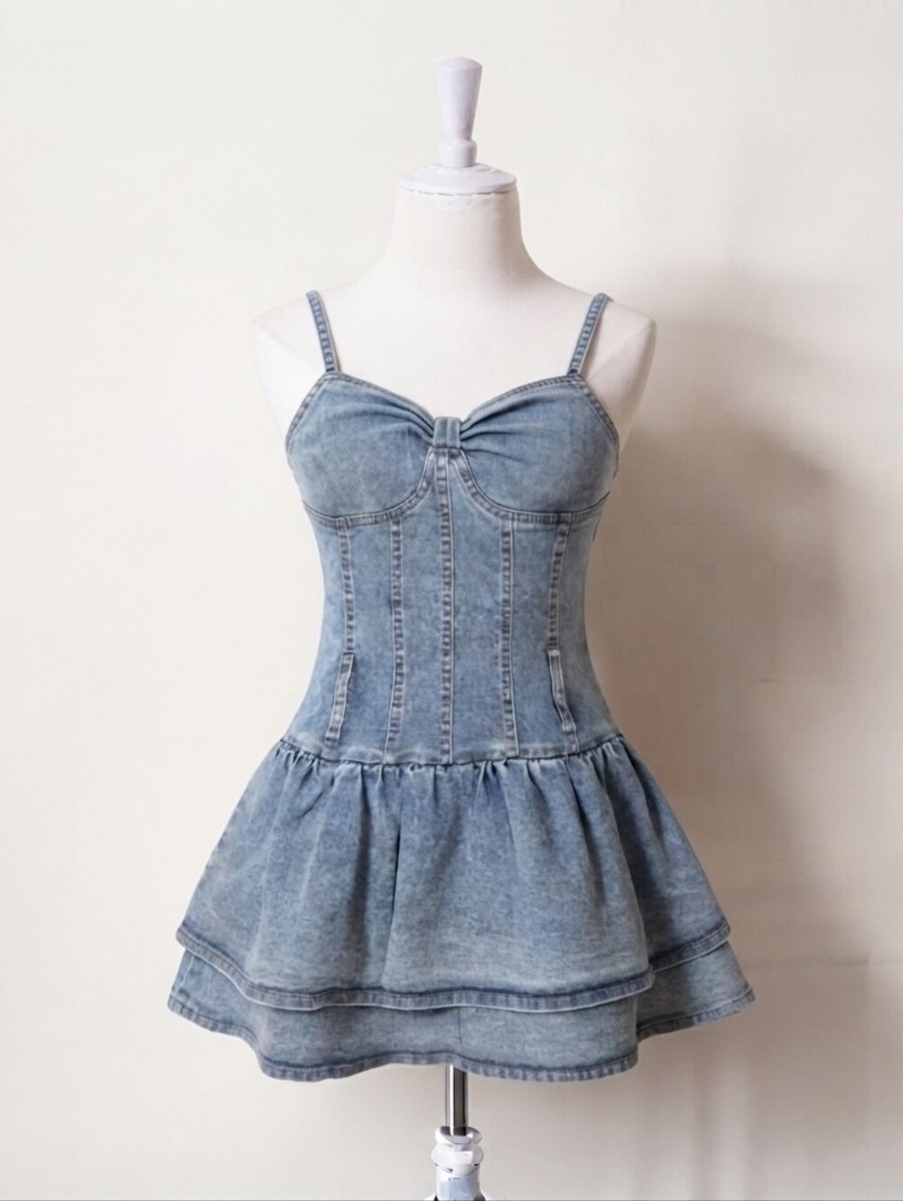 Verumi blue denim layered corset babydoll minidress with belt loops and back zip
